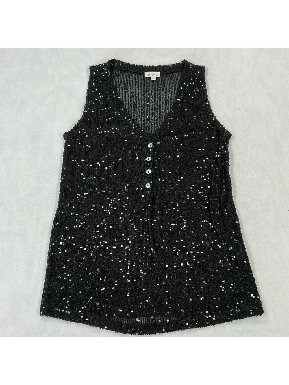 POL Black Sequin Tank‎ Top Womens Small Sleeveless V Neck Boutique Blouse